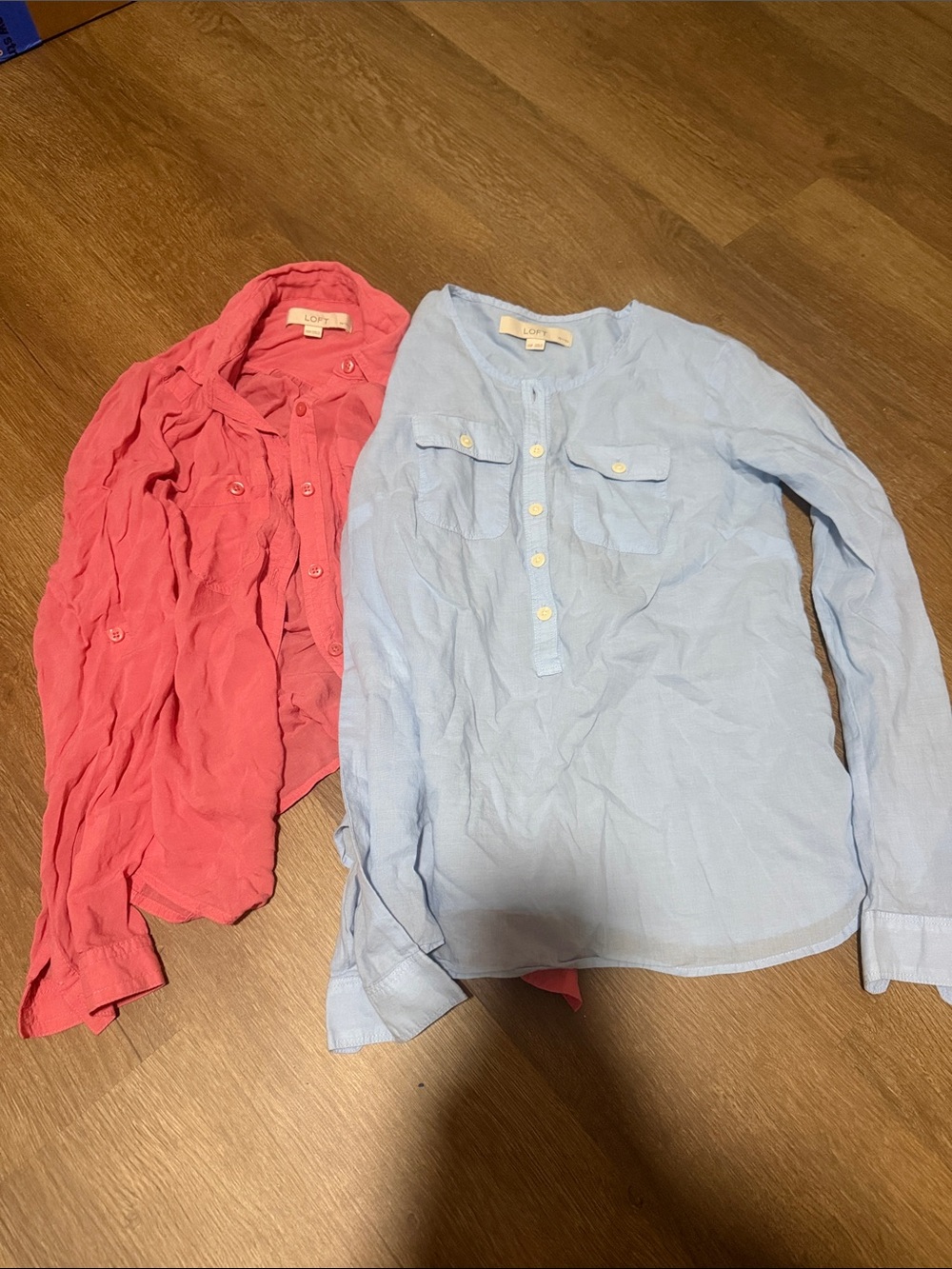 LOFT Light Blue and Coral Button-Front Casual Henley Shirts